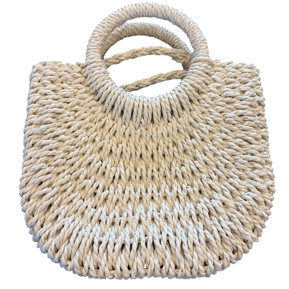 Woven Straw Crossbody Bag Cream Boho Summer Handbag with Top Handles